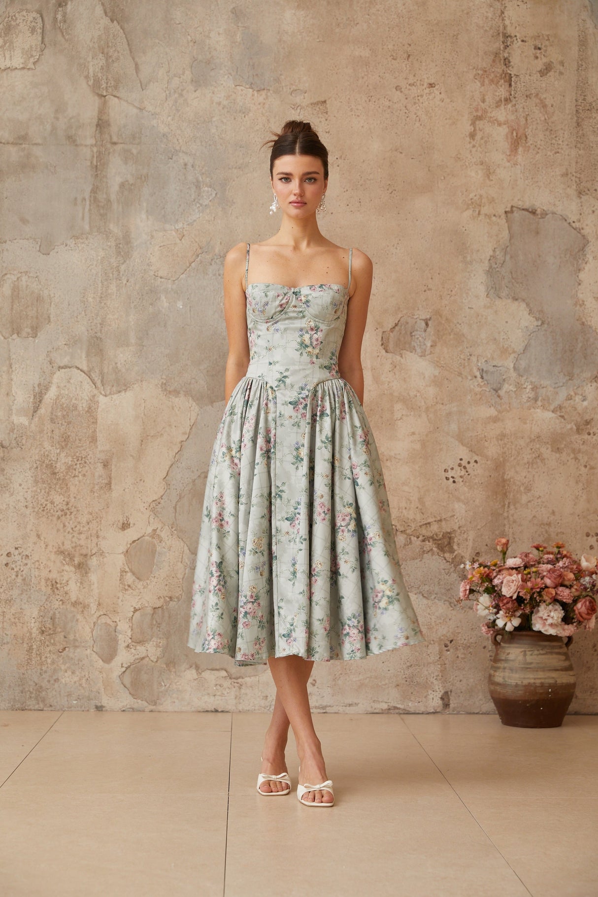 Aurohaya Prunelle sage-green floral-print shirred midi dress
