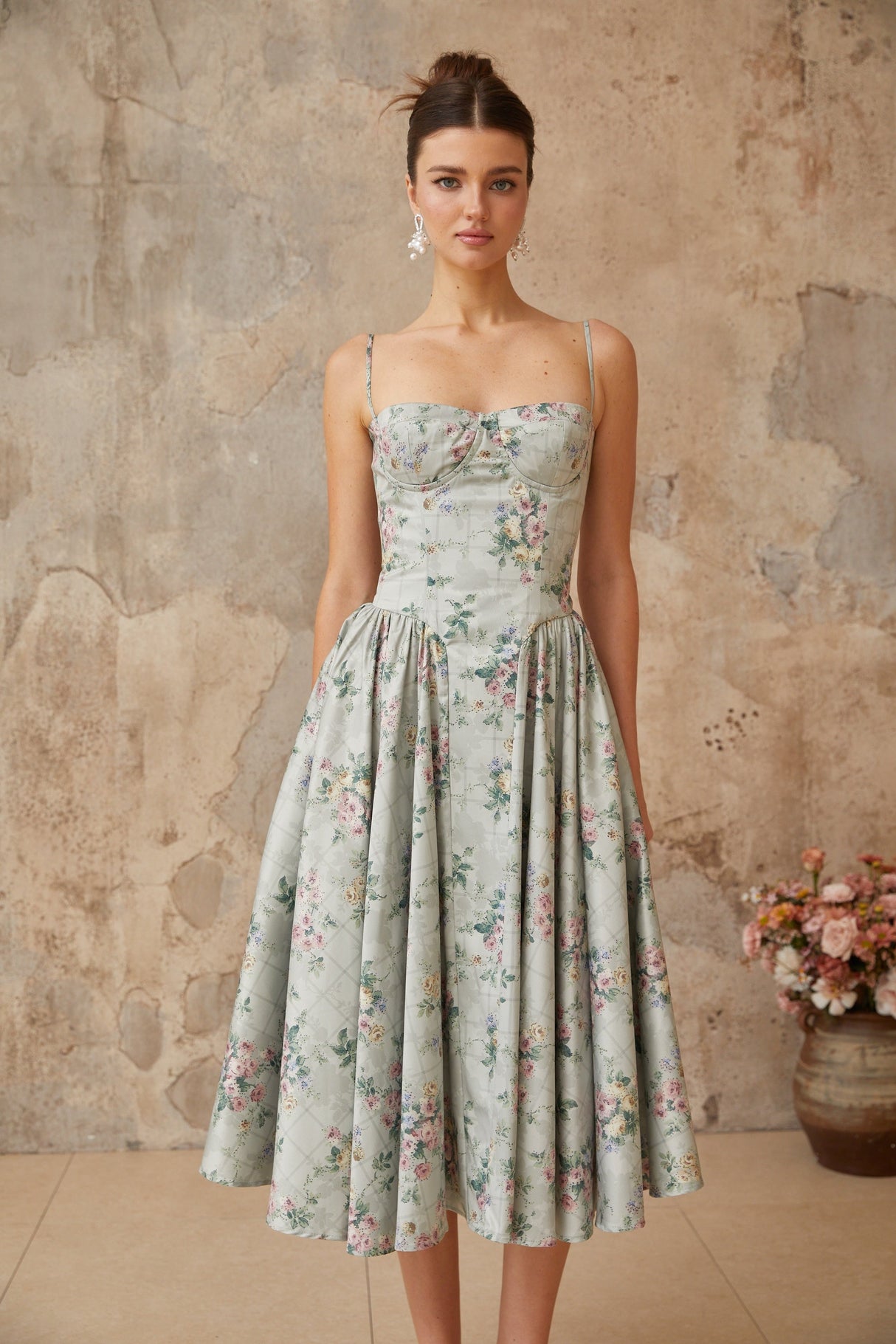 Aurohaya Prunelle sage-green floral-print shirred midi dress