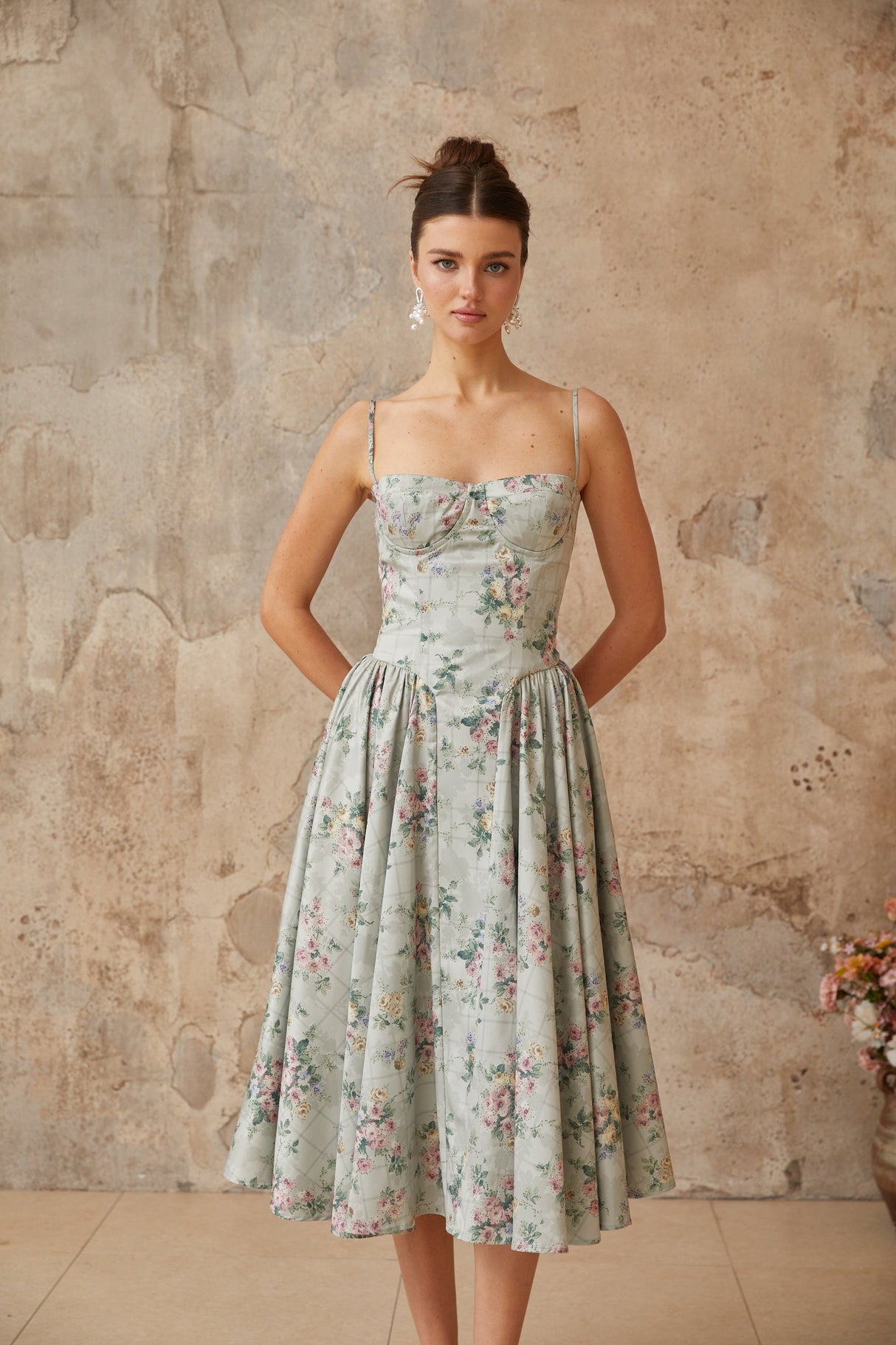 Aurohaya Prunelle sage-green floral-print shirred midi dress