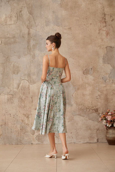 Aurohaya Prunelle sage-green floral-print shirred midi dress