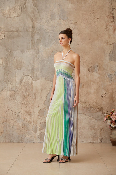 Aurohaya Serelith Metallic Knit Backless Maxi Dress