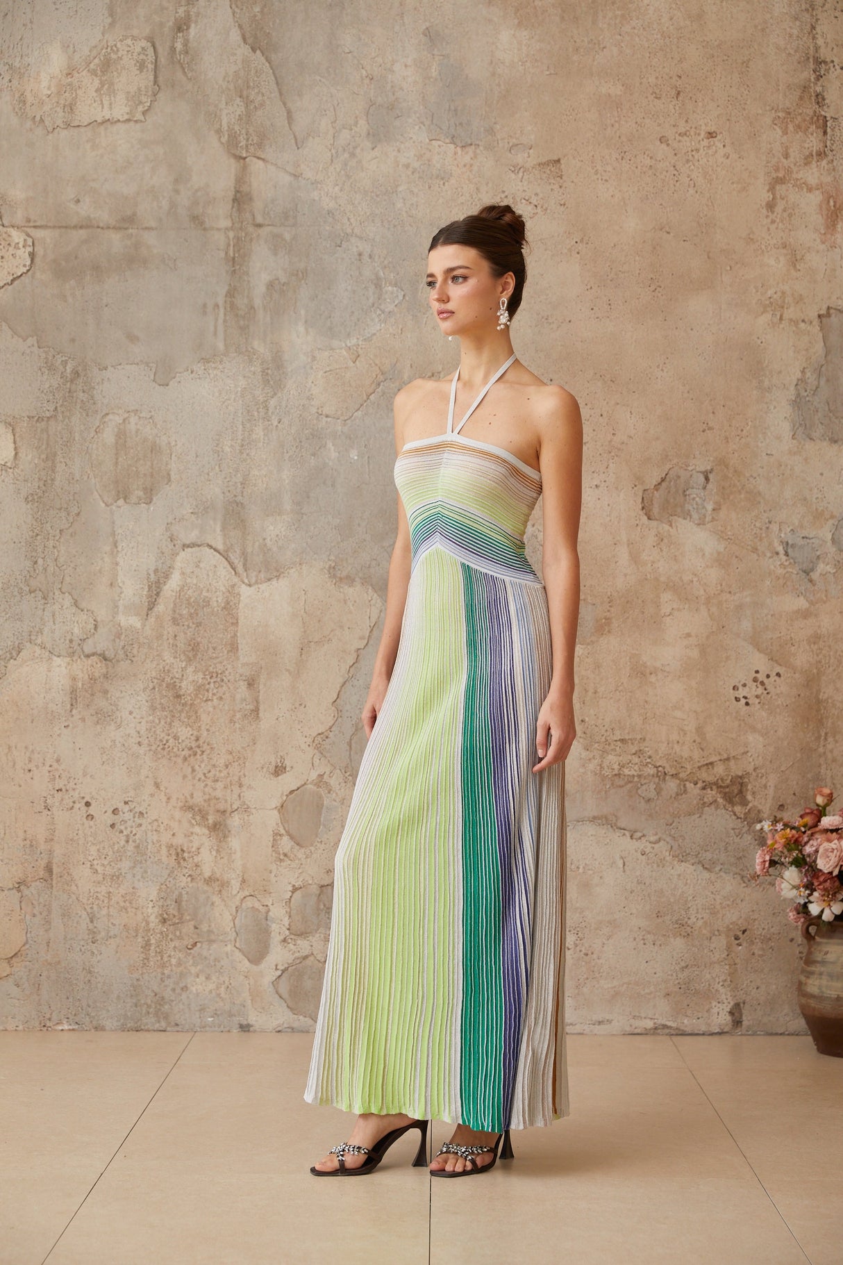 Aurohaya Serelith Metallic Knit Backless Maxi Dress