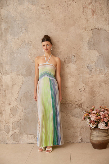 Aurohaya Serelith Metallic Knit Backless Maxi Dress