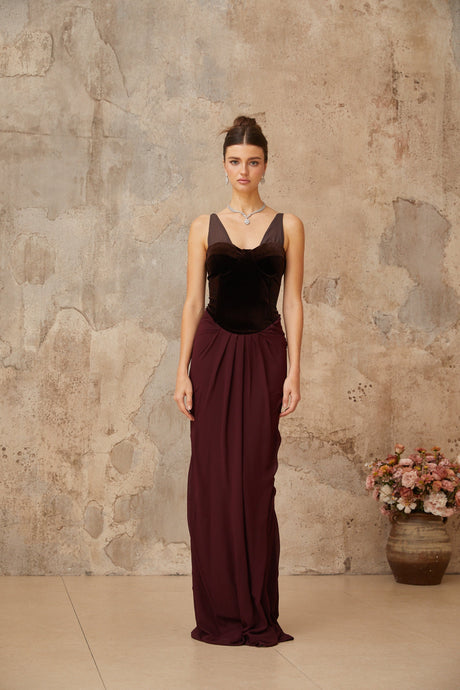 Aurohaya Ariane burgundy velvet-panel shirred maxi dress