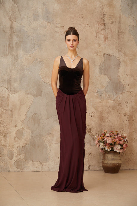 Aurohaya Ariane burgundy velvet-panel shirred maxi dress