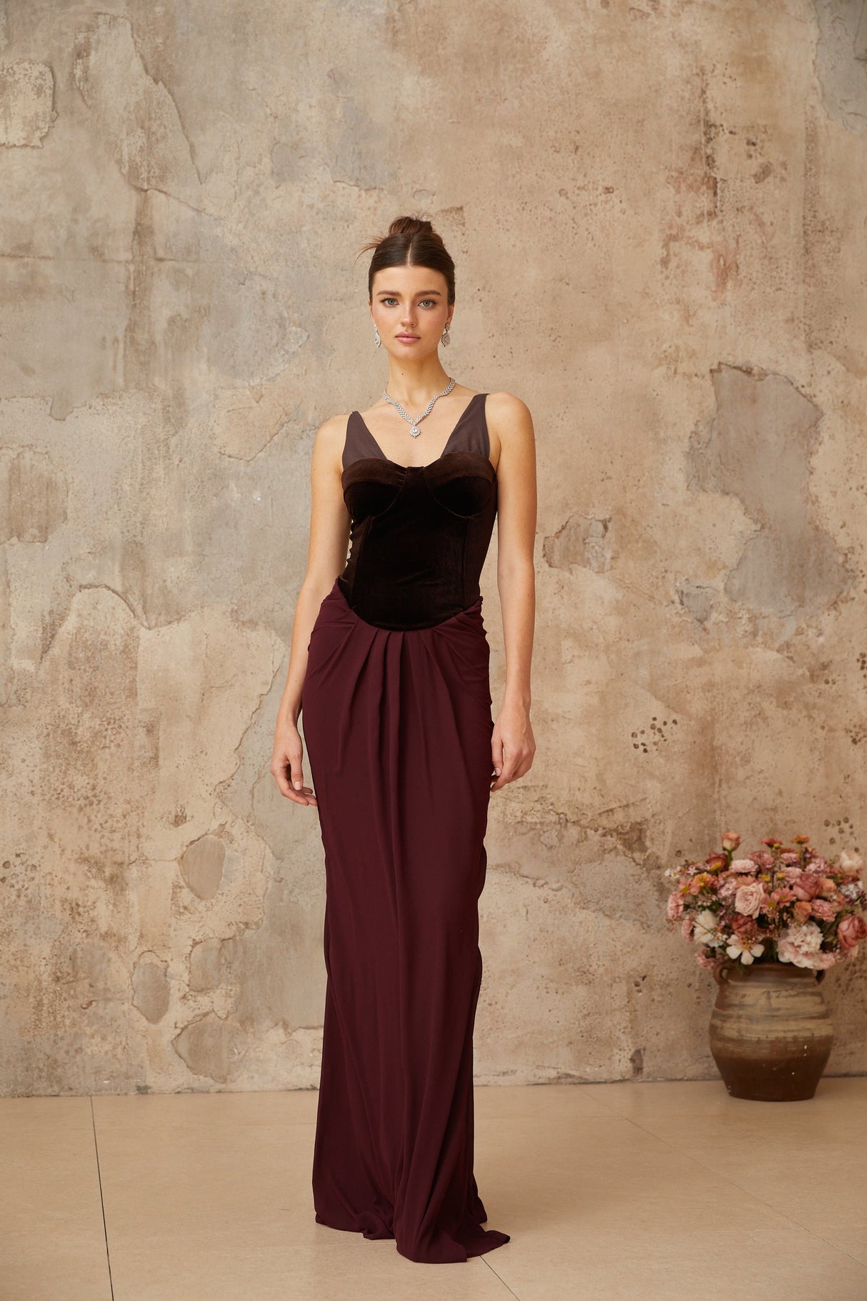 Aurohaya Ariane burgundy velvet-panel shirred maxi dress
