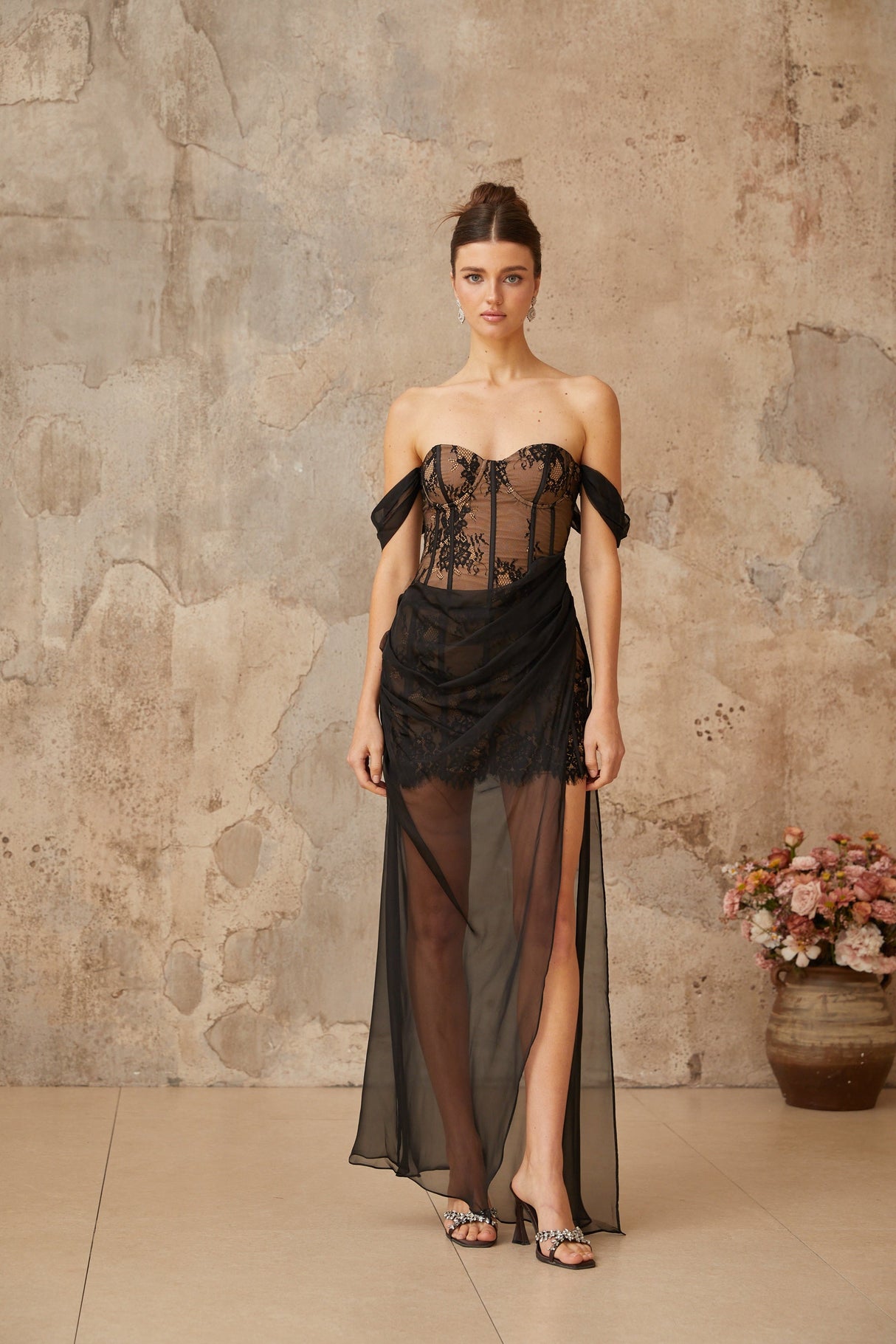 Aurohaya Orphée black tulle-panel floral-lace corset maxi dress
