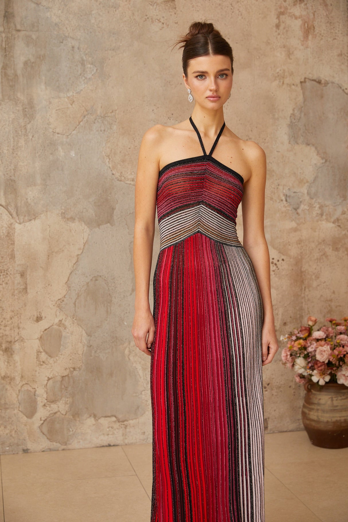 Aurohaya Ulysse Red Metallic Knit Halterneck Maxi Dress