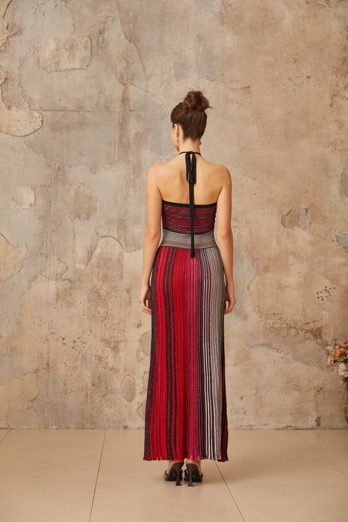 Aurohaya Ulysse Red Metallic Knit Halterneck Maxi Dress