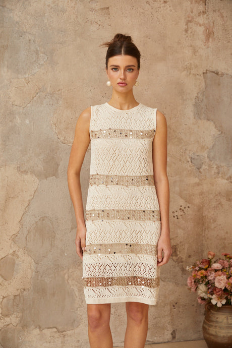 Aurohaya Colette off-white sequined crochet-knit mini dress