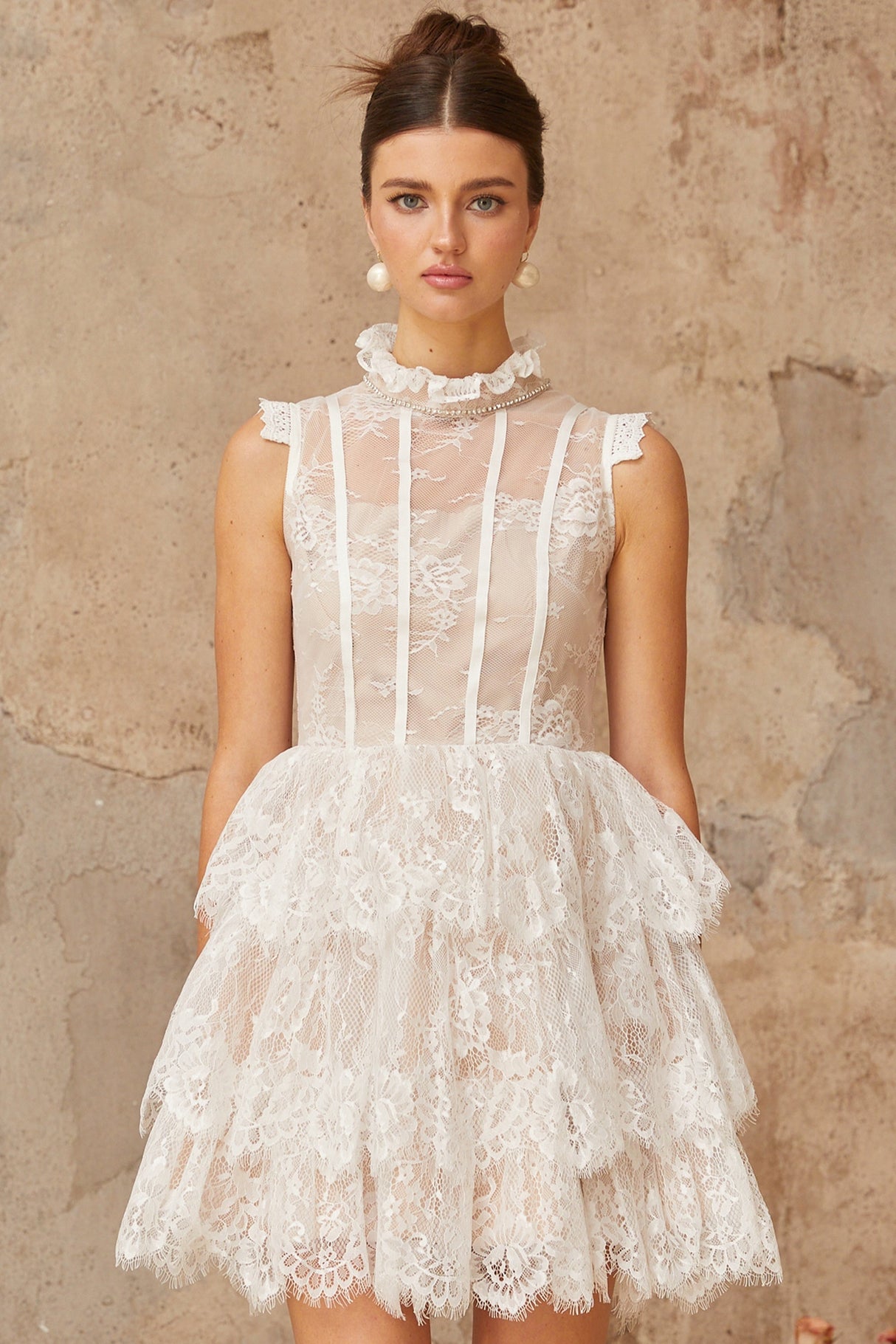 Aurohaya Thérèse white embellished floral-lace tiered mini dress