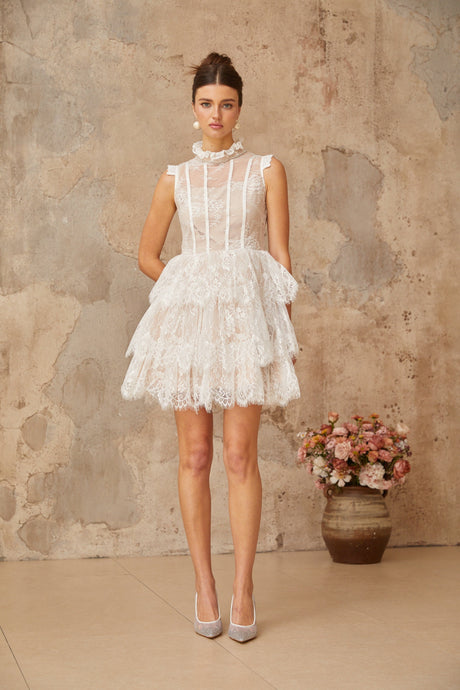 Aurohaya Thérèse white embellished floral-lace tiered mini dress