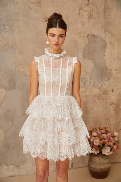 Aurohaya Thérèse white embellished floral-lace tiered mini dress