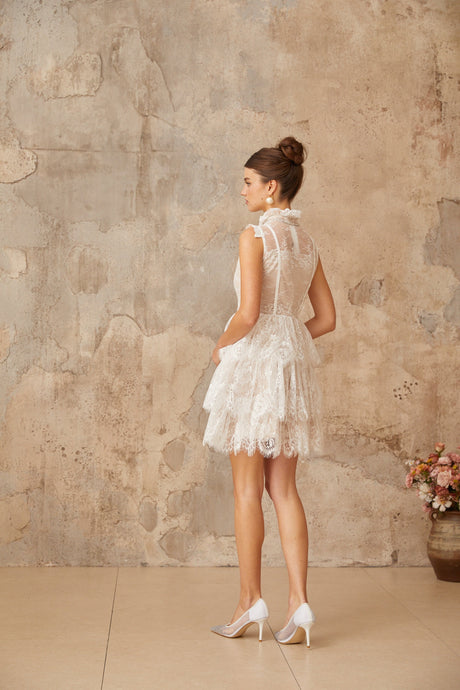 Aurohaya Thérèse white embellished floral-lace tiered mini dress