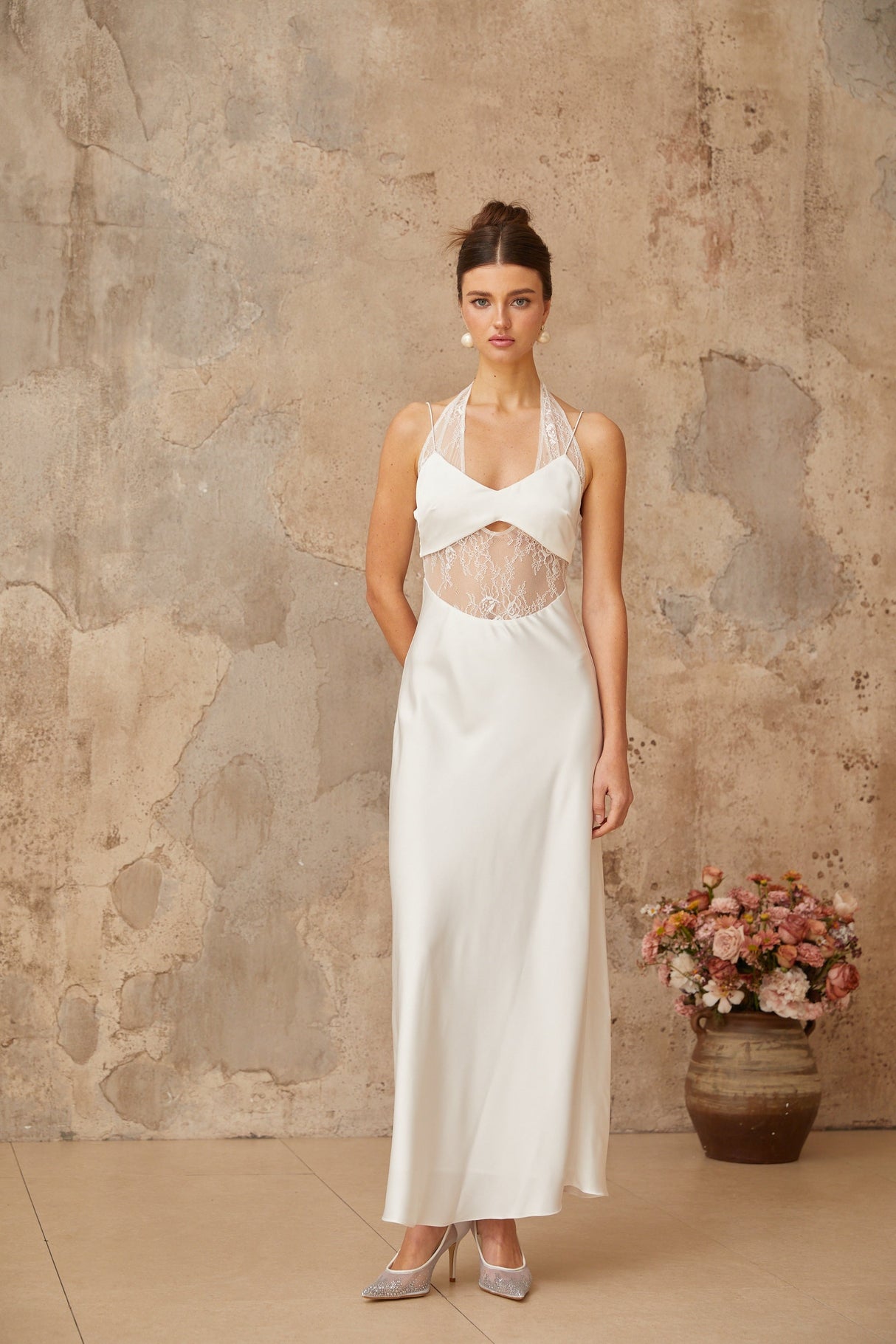 Aurohaya Blanche white lace-panel satin maxi dress