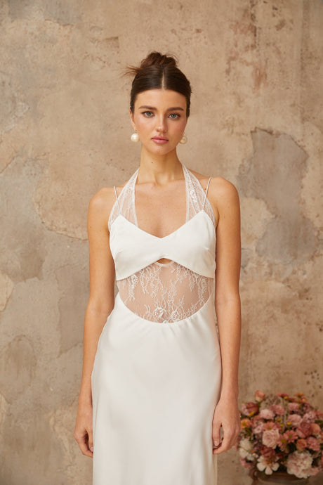 Aurohaya Blanche white lace-panel satin maxi dress