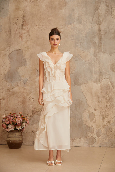 Aurohaya Hélène faux-flower layered ruffled maxi dress