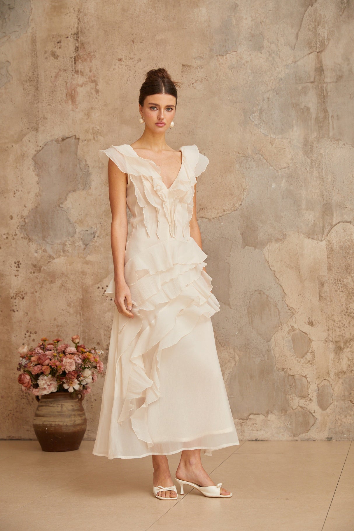 Aurohaya Hélène faux-flower layered ruffled maxi dress