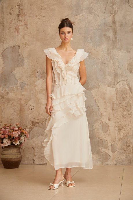 Aurohaya Hélène faux-flower layered ruffled maxi dress