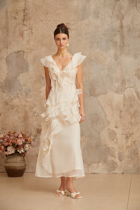 Aurohaya Hélène faux-flower layered ruffled maxi dress