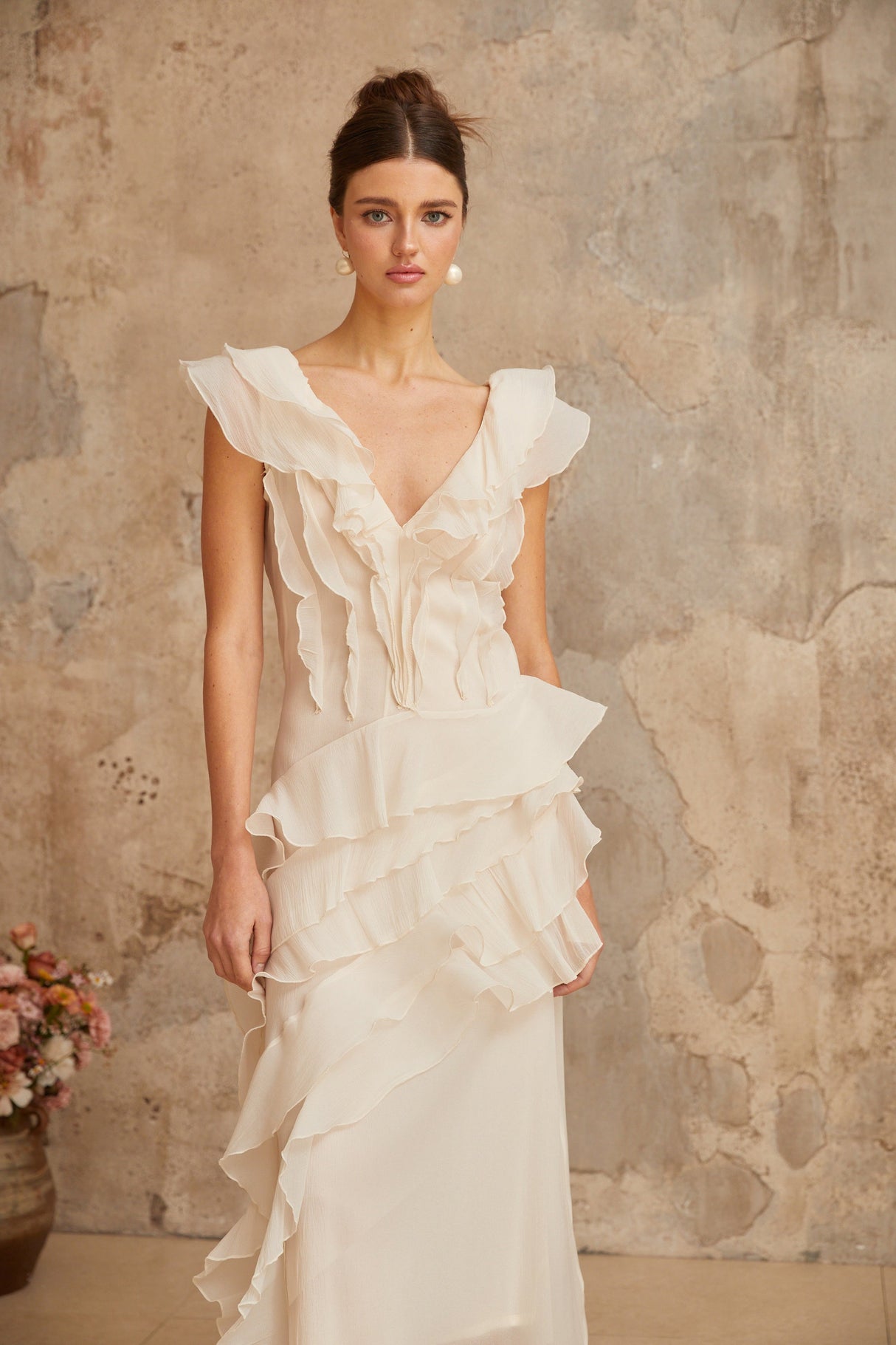 Aurohaya Hélène faux-flower layered ruffled maxi dress