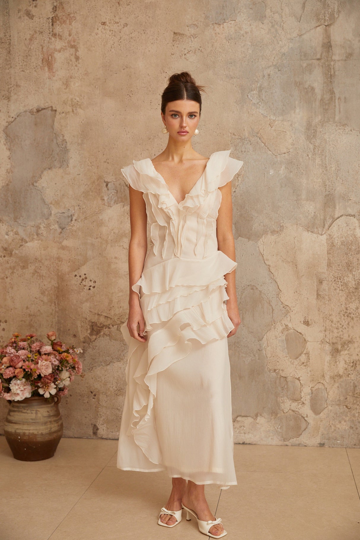 Aurohaya Hélène faux-flower layered ruffled maxi dress