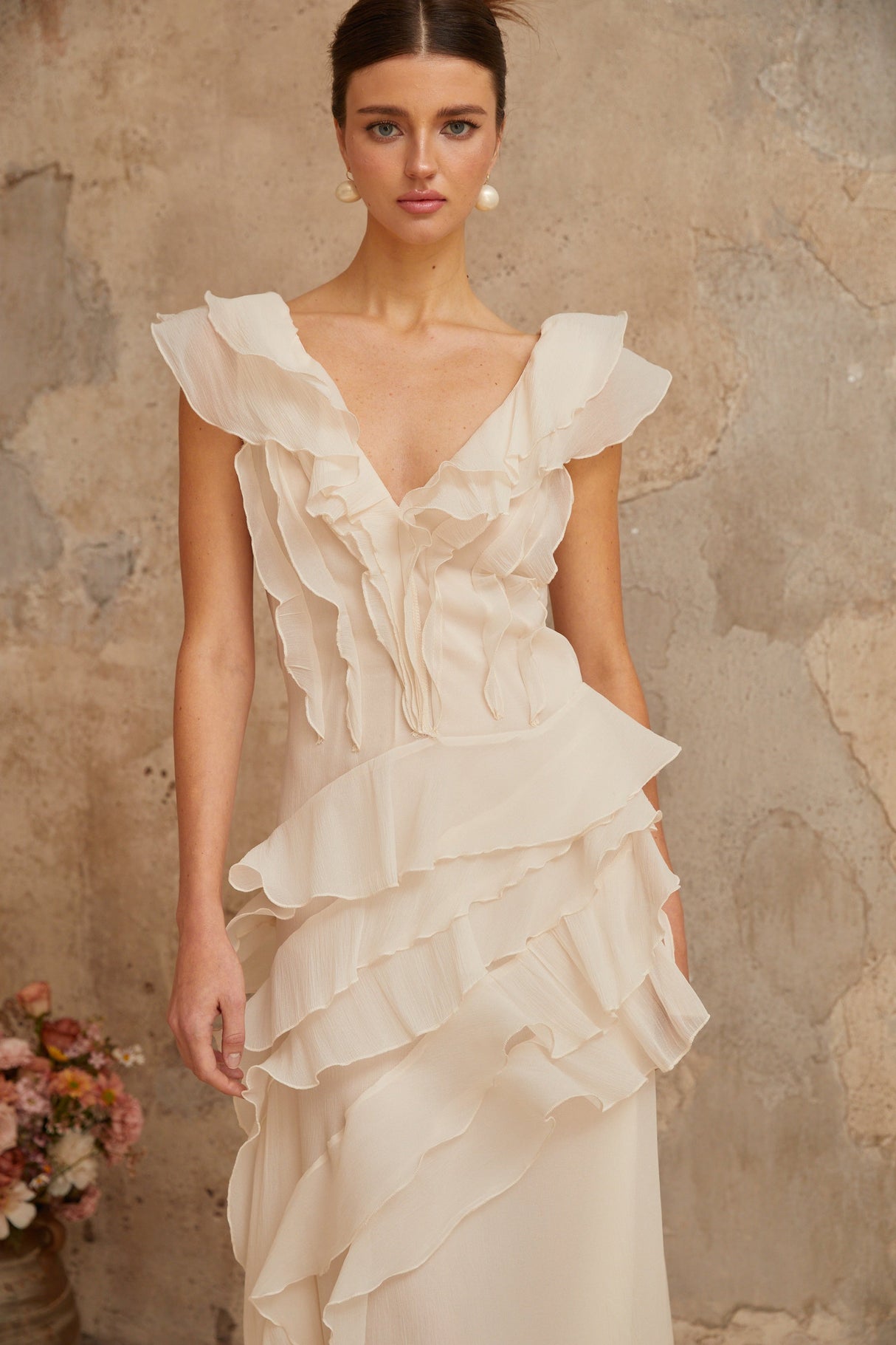Aurohaya Hélène faux-flower layered ruffled maxi dress