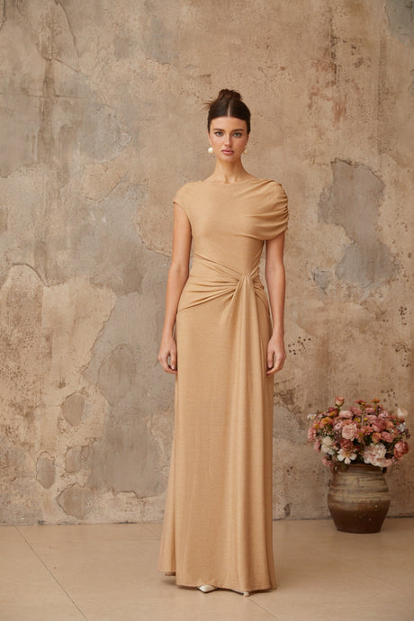 Aurohaya Rosalie gold asymmetrical pleated maxi dress