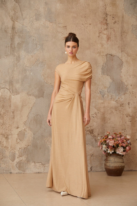 Aurohaya Rosalie gold asymmetrical pleated maxi dress