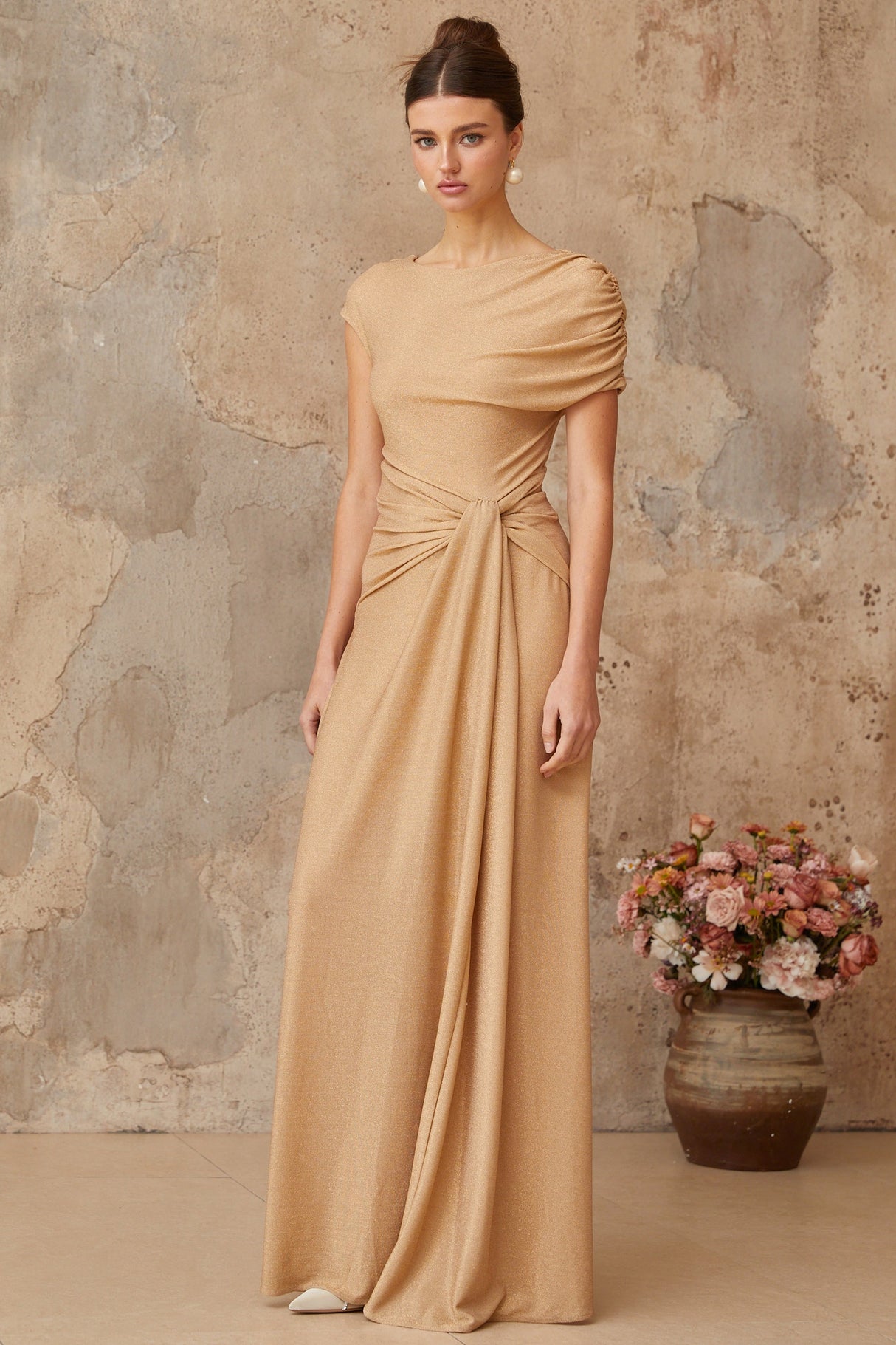 Aurohaya Rosalie gold asymmetrical pleated maxi dress