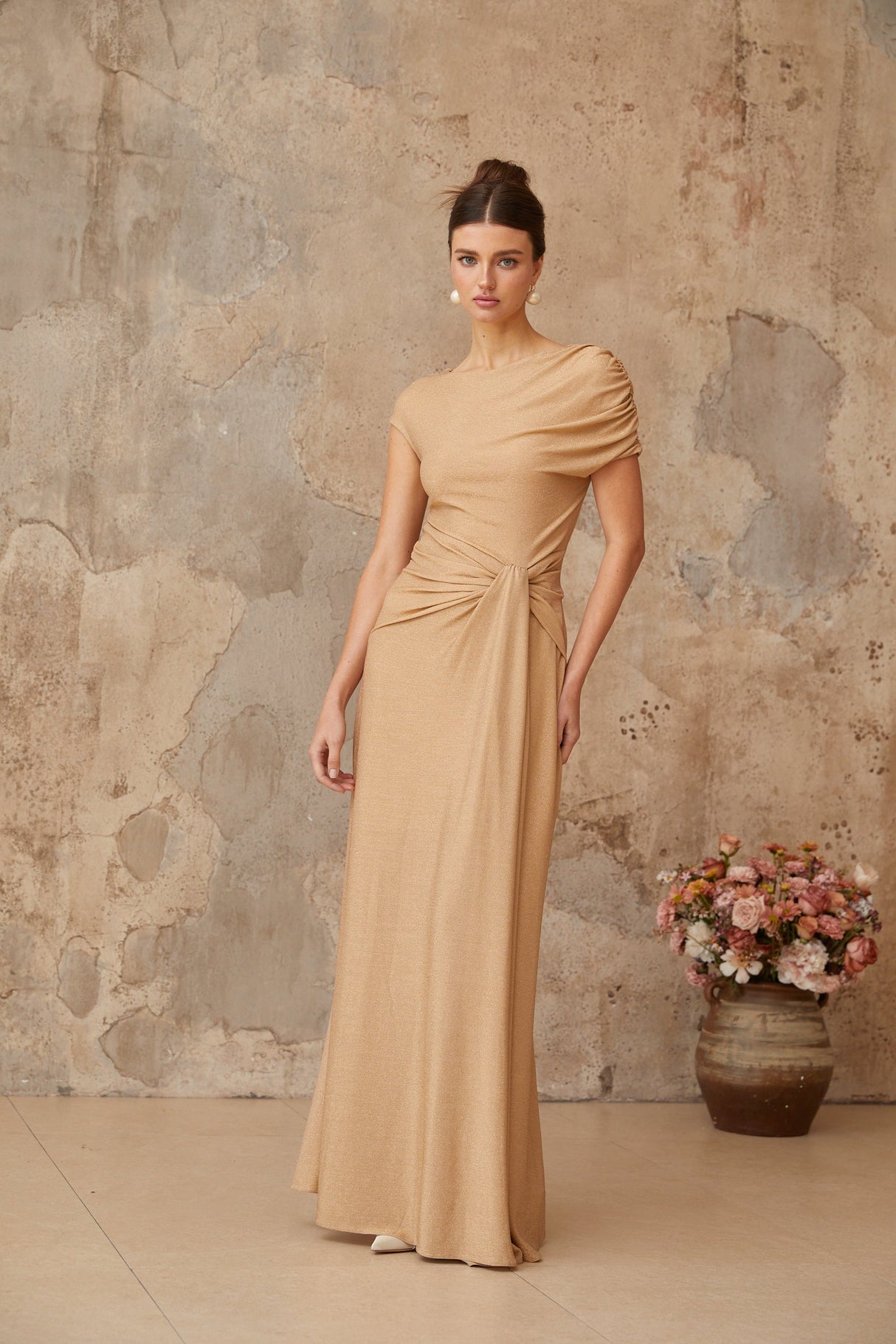 Aurohaya Rosalie gold asymmetrical pleated maxi dress