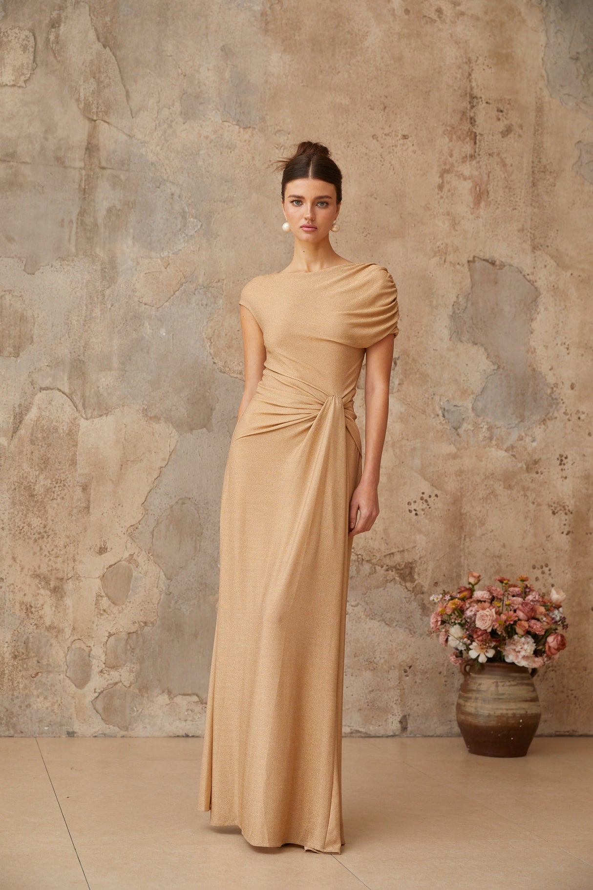 Aurohaya Rosalie gold asymmetrical pleated maxi dress