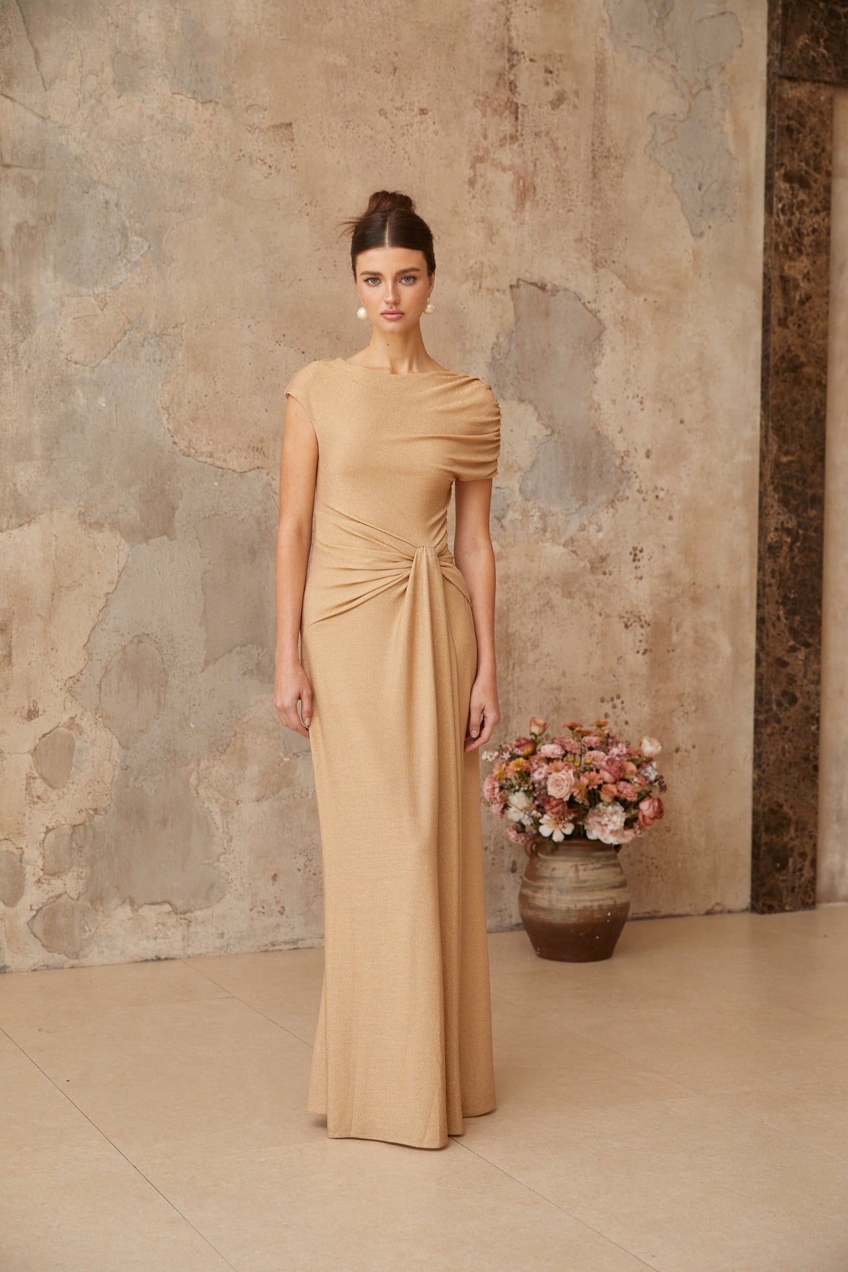 Aurohaya Rosalie gold asymmetrical pleated maxi dress