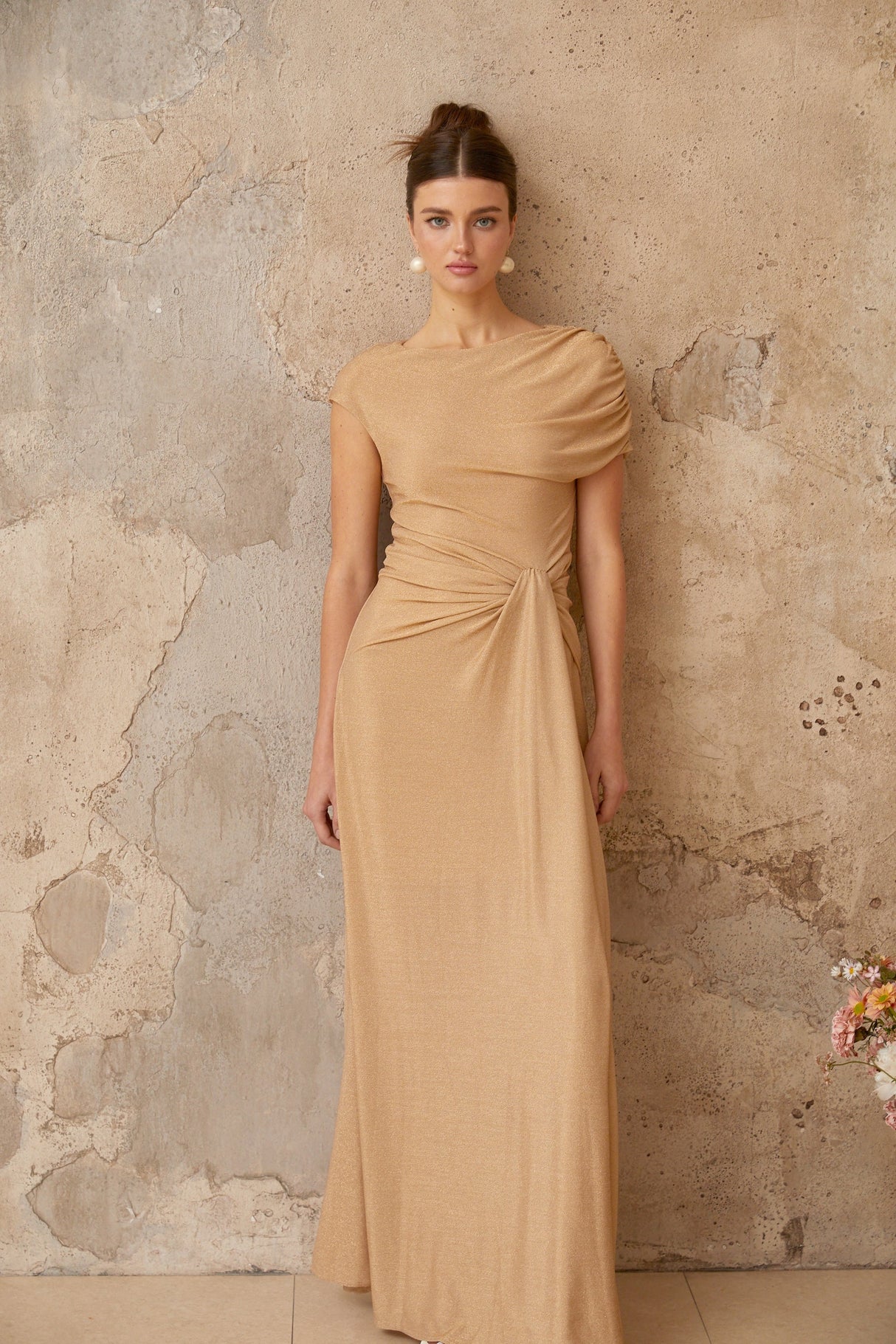 Aurohaya Rosalie gold asymmetrical pleated maxi dress
