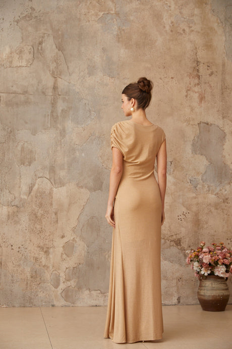 Aurohaya Rosalie gold asymmetrical pleated maxi dress