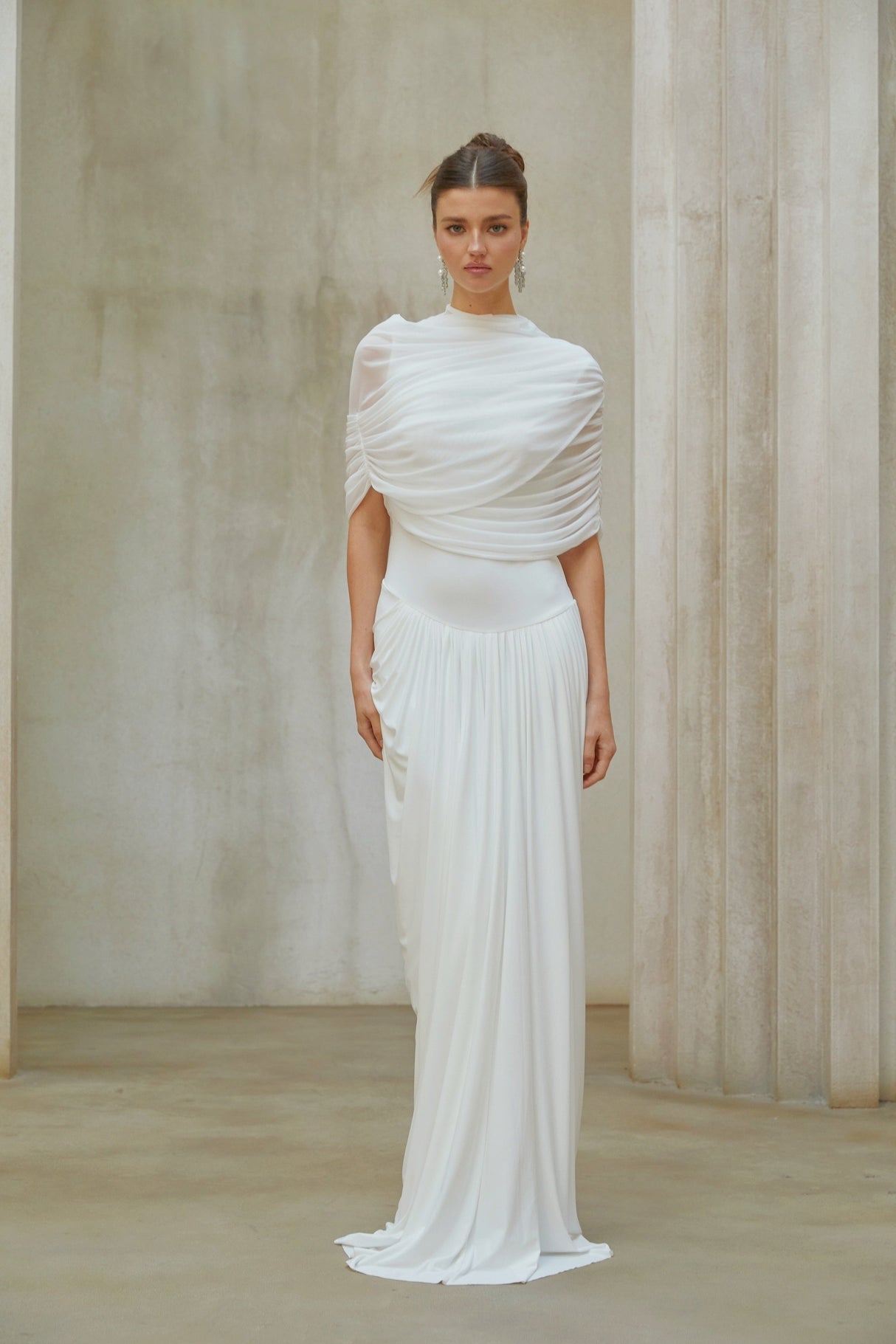 Aurohaya Catherine White Asymmetrical Pleated Maxi Dress