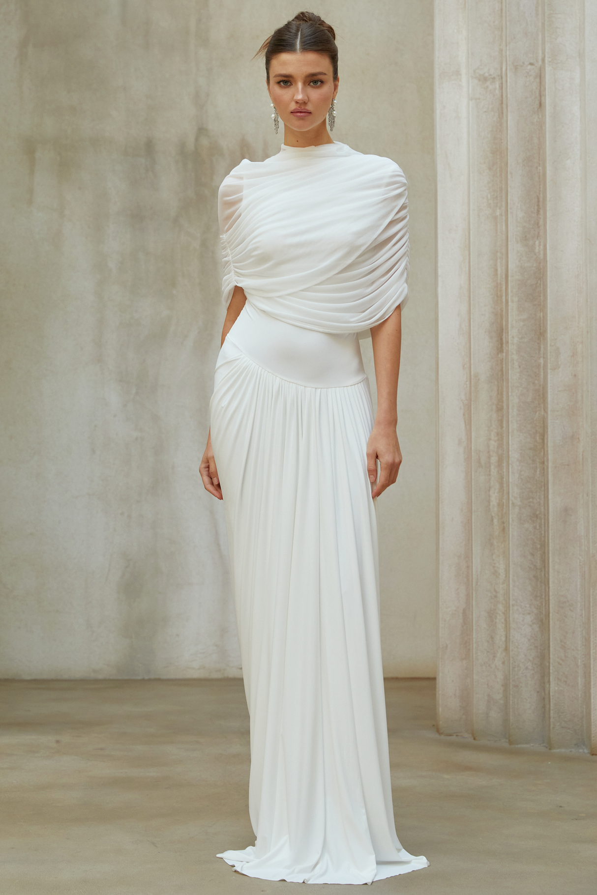 Aurohaya Catherine White Asymmetrical Pleated Maxi Dress
