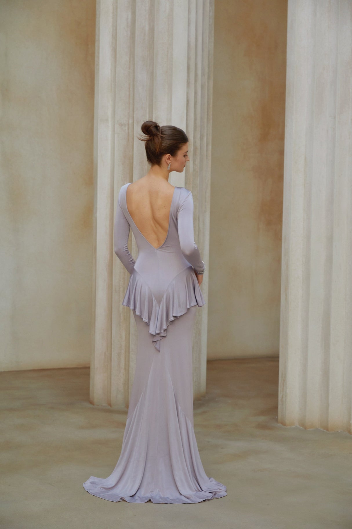 Aurohaya Xenia Purple Ruffle Detail Maxi Dress with Front Slit