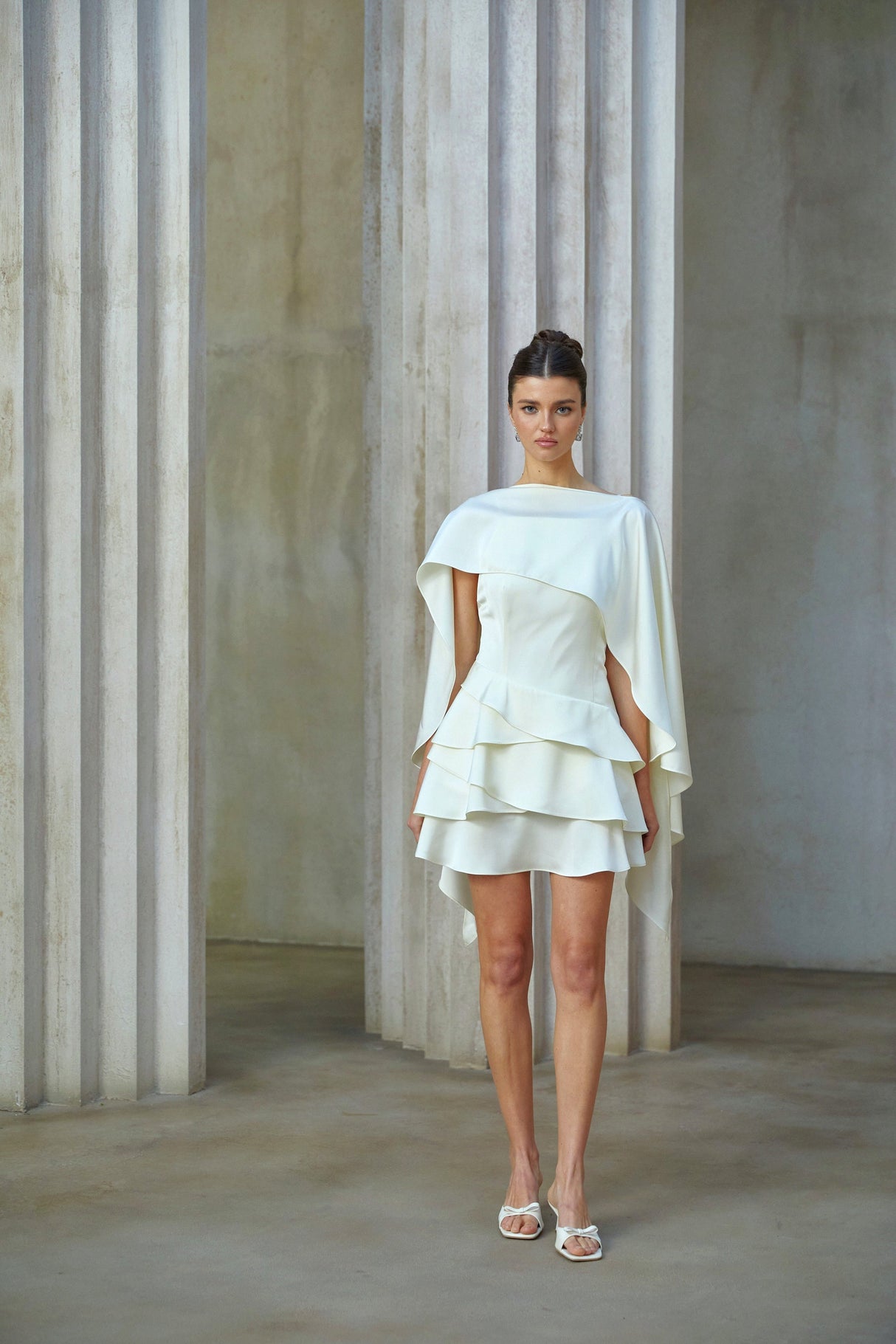 Aurohaya Lyna White Satin Ruffled Mini Dress with Shawl Panel Detail