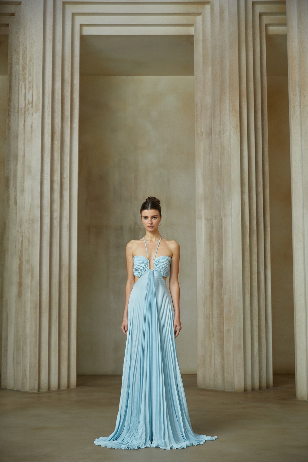 Aurohaya Andréa Blue Pleated Maxi Dress with Cutout Detail