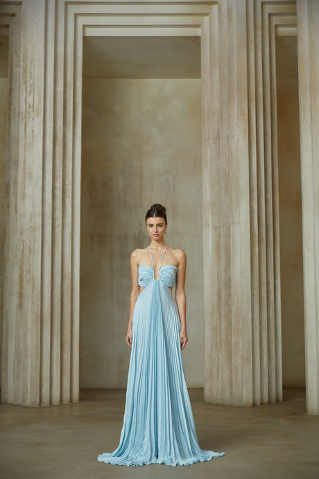 Aurohaya Andréa Blue Pleated Maxi Dress with Cutout Detail