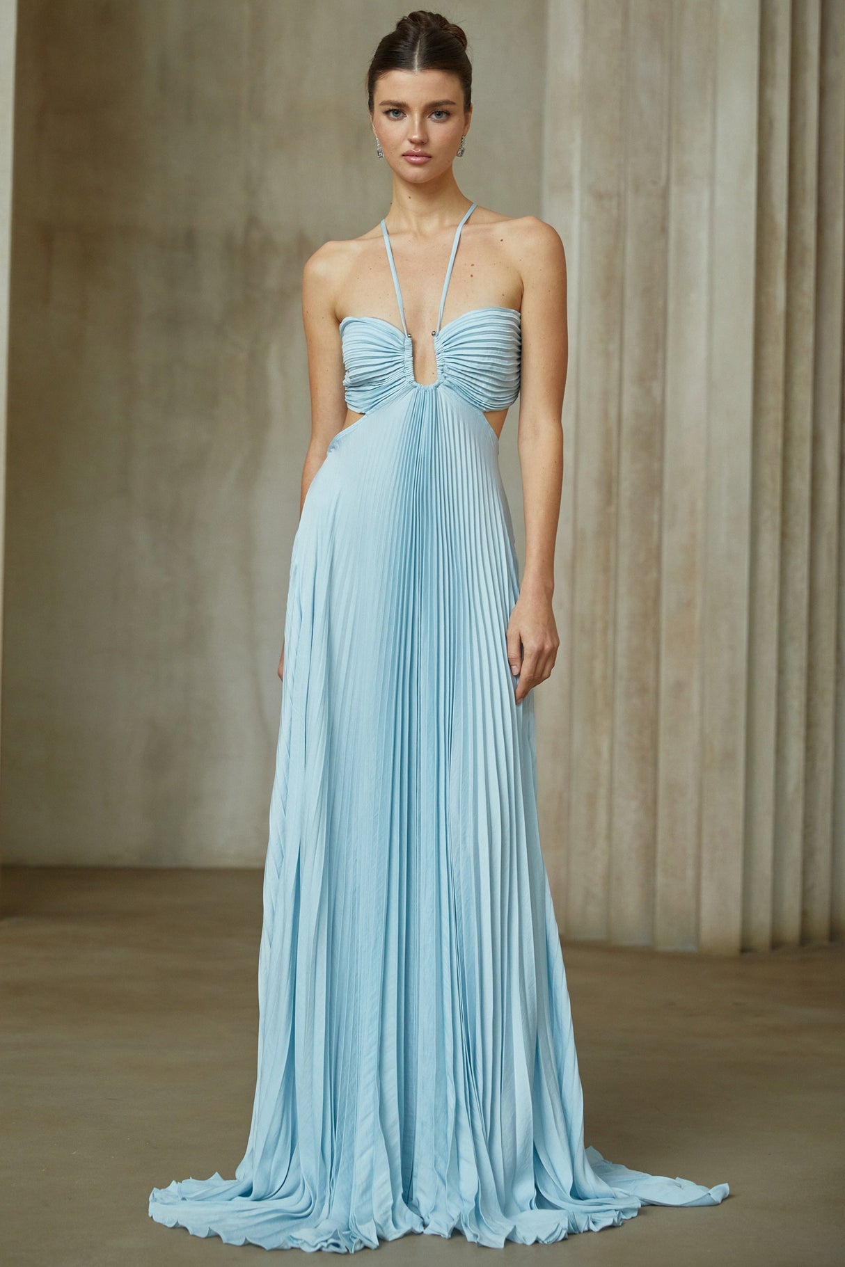 Aurohaya Andréa Blue Pleated Maxi Dress with Cutout Detail