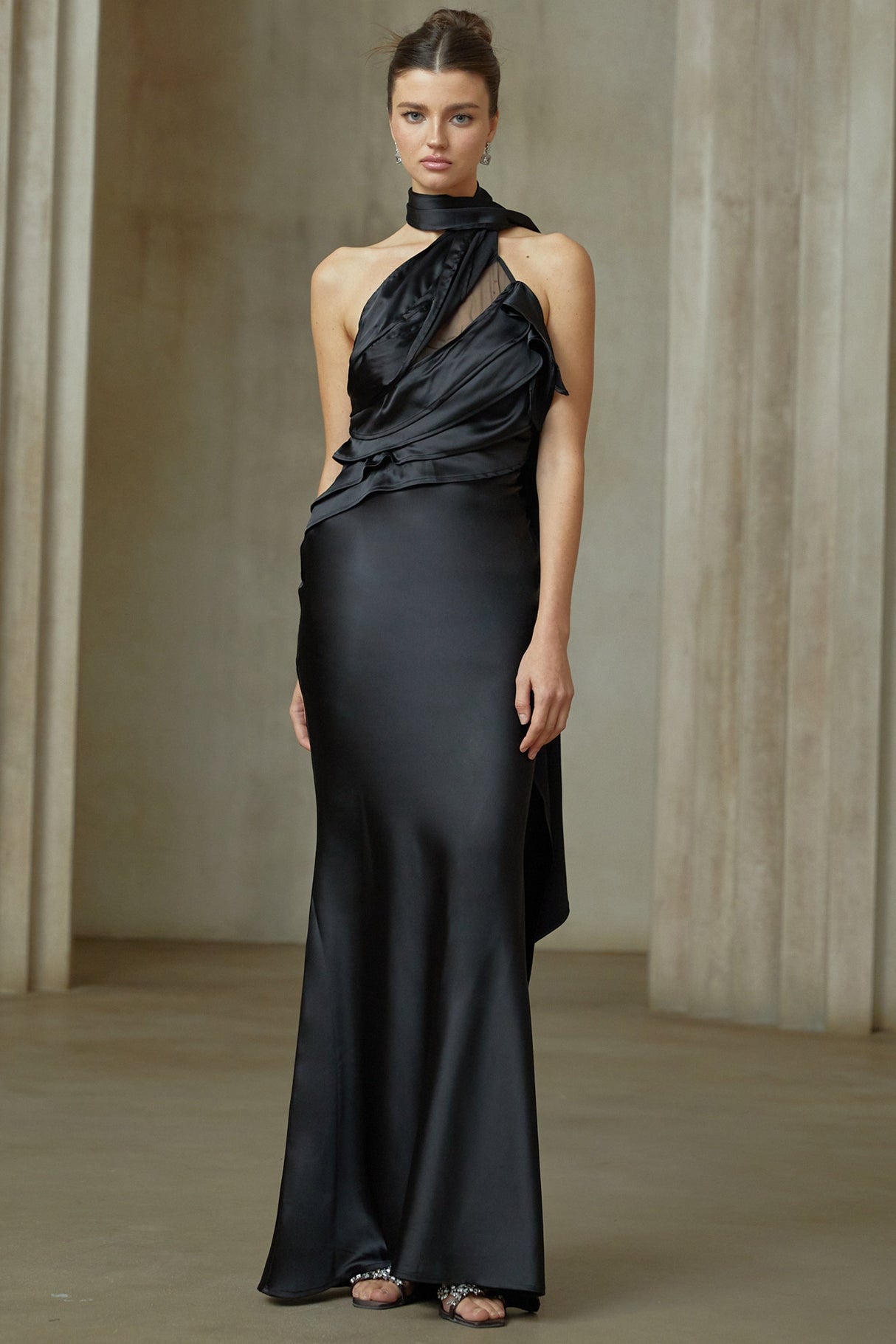 Aurohaya Maureen black ribbon-design satin maxi dress
