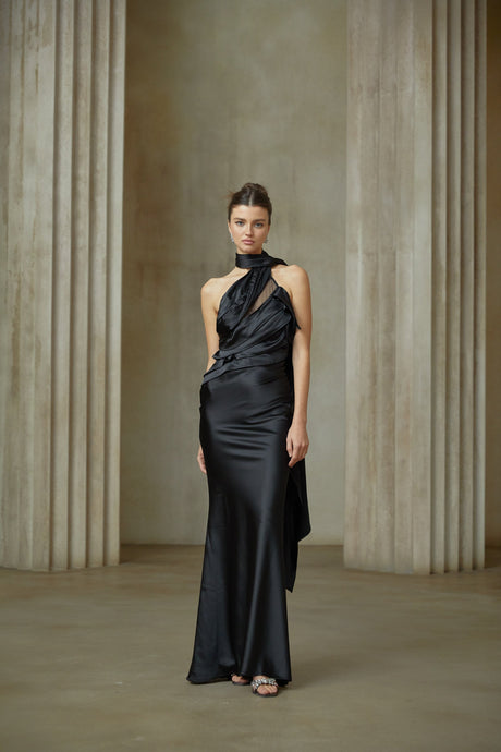 Aurohaya Maureen black ribbon-design satin maxi dress