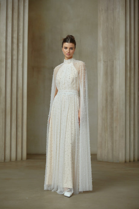 Aurohaya Louane white cape-design embellished tulle maxi dress