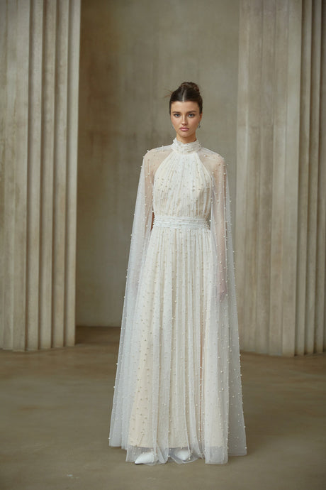 Aurohaya Louane white cape-design embellished tulle maxi dress