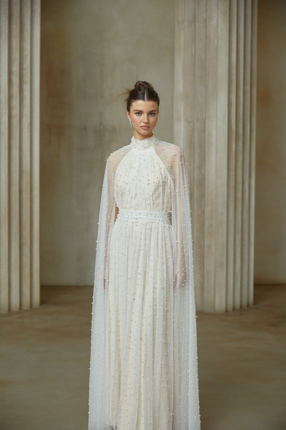 Aurohaya Louane white cape-design embellished tulle maxi dress