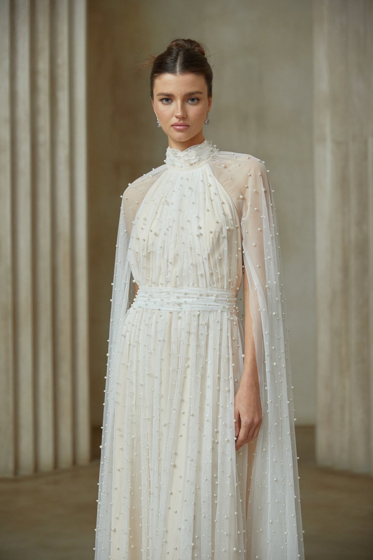 Aurohaya Louane white cape-design embellished tulle maxi dress