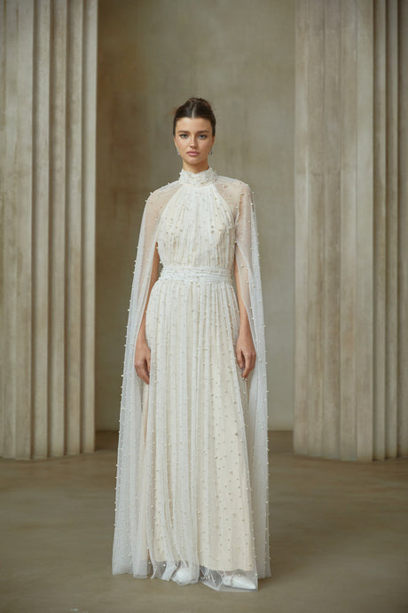Aurohaya Louane white cape-design embellished tulle maxi dress