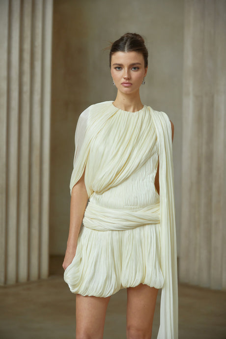 Aurohaya Cyrielle Pleated Mini Dress with Ribbon Design Accent